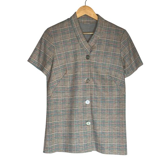 Vintage 70s Brown Button Down Plaid Tweed Blouse Womens Medium Retro Academia - Picture 1 of 5
